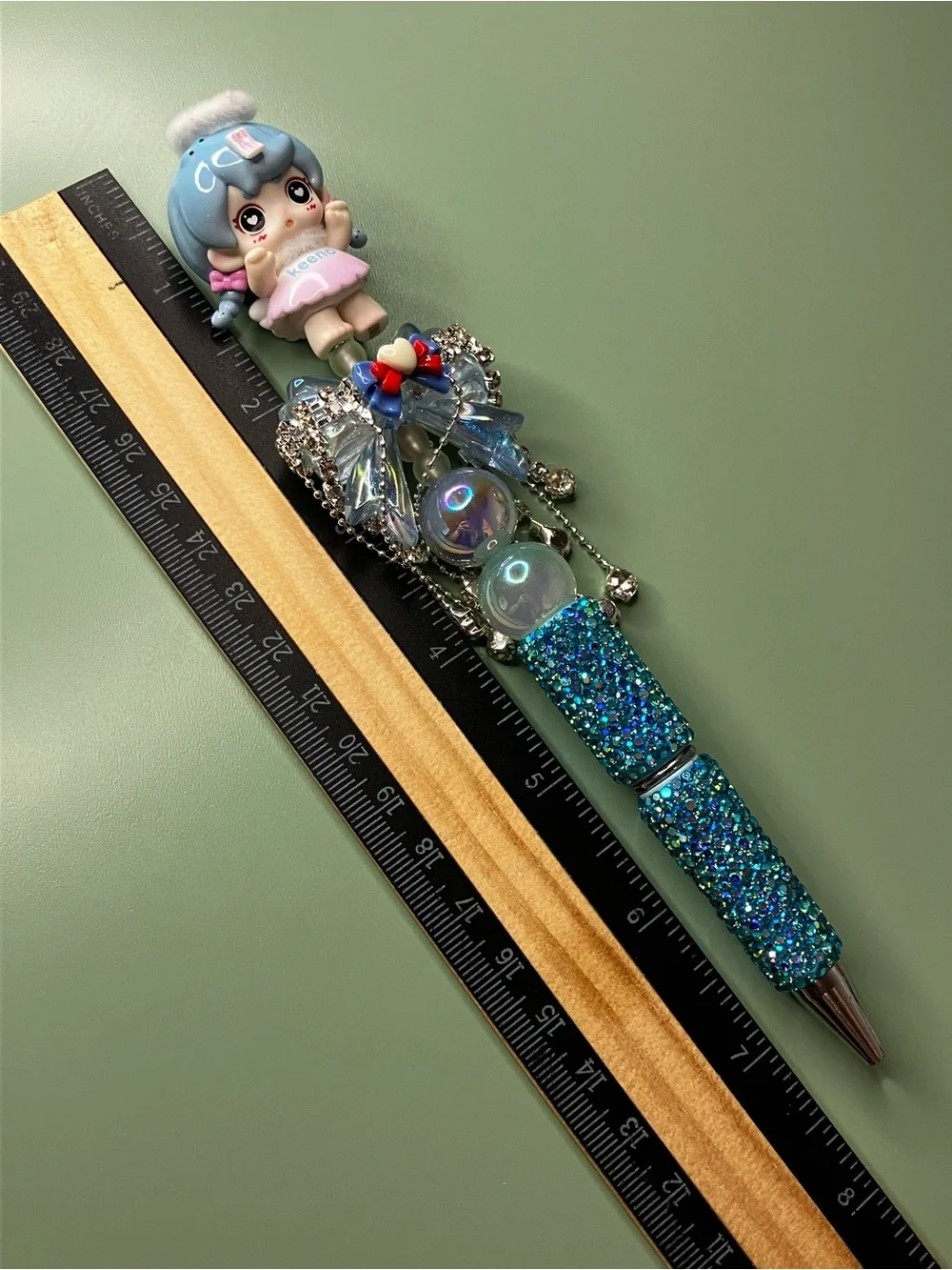 Keeno Angel with Fancy Rhinestone Dangle Bow Handmade Beaded Pen